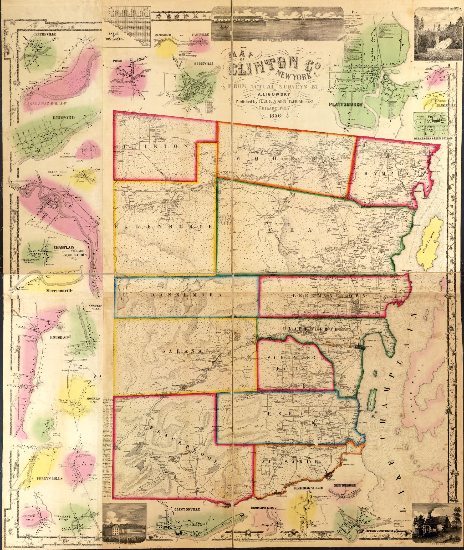 1856 map of Clinton County published by the O.J. Lamb Company of Philadelphia, PA. 