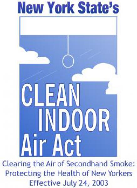 The image contains text stating: New York State's Clean Indoor Air Act. Clearing the air of secondhand smoke: protecting the health of New Yorkers. Effective July 24, 2003. The text is displayed on a background image depicting a cartoon style window with the blinds almost all the way up. You can see three small clouds outside the window.