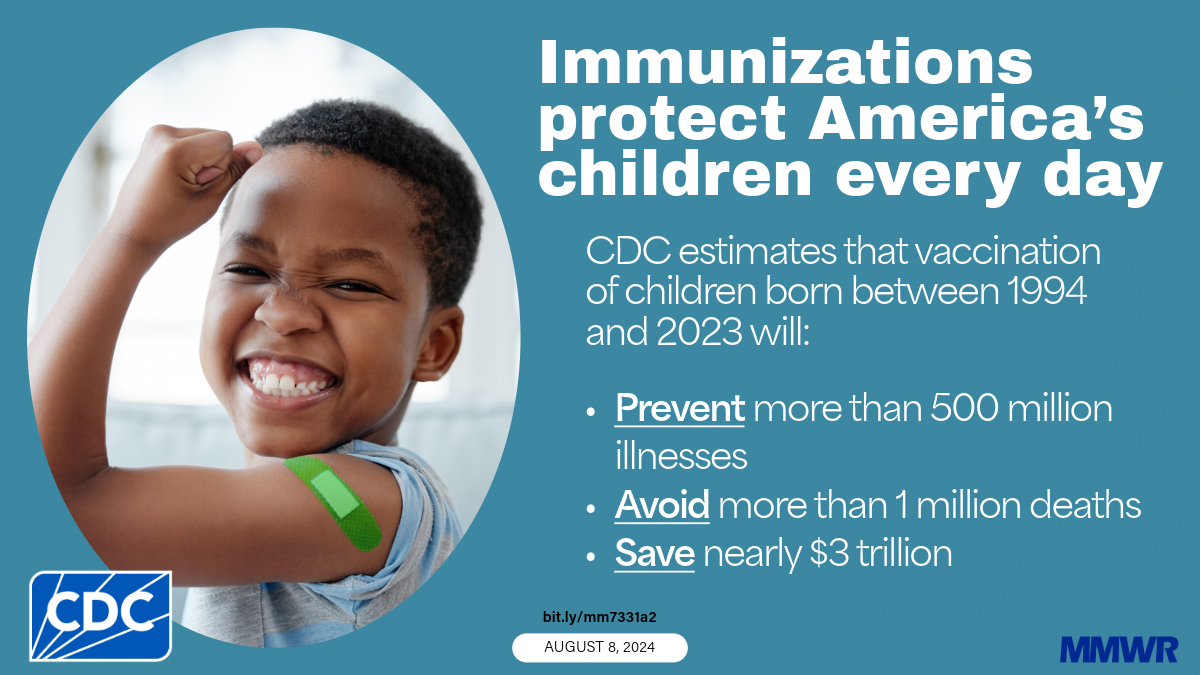 Picture with a smiling child after receiving a vaccination. 