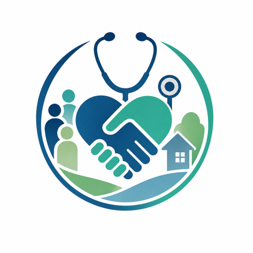 Two hands shaking in front of Stethoscope and on the left side is people and the right side is a home
