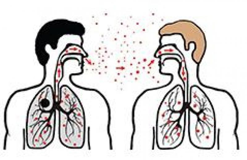 A diagram depicting how tuberculosis is spread. The person on the left is positive with tuberculosis. The air that leaves their lungs contains tuberculosis and travels through the air and into the healthy person's lungs causing them to get infected.