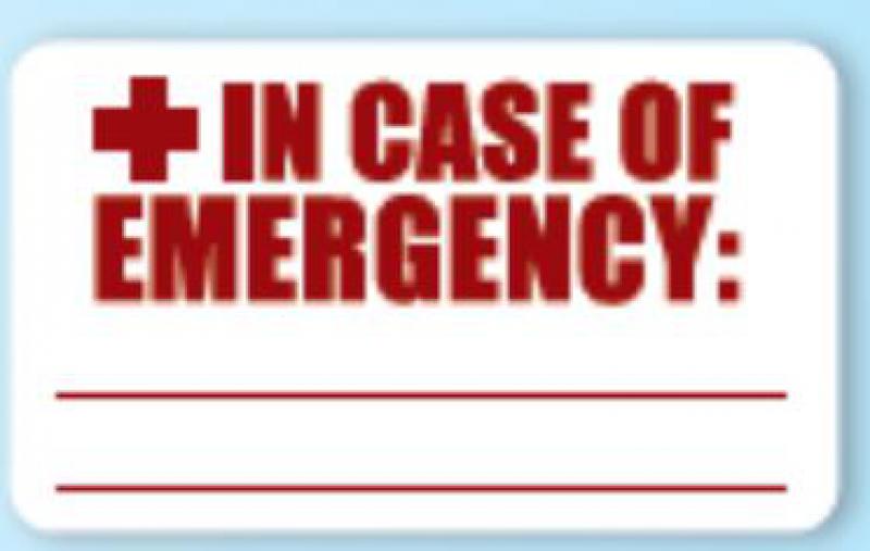 An example of an emergency card. The card states "In case of emergency:" in big, red letters and then has multiple lines underneath the text for someone to fill out an emergency procedure.