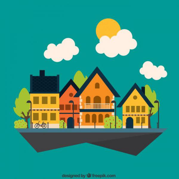 Four buildings are seen on a floating island in front of a dull blue-green background. The buildings are a mix of oranges and yellows with some small trees and shrubs around them. There are three small clouds above the buildings, and one of them is partially covering the sun.