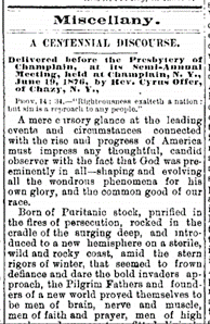 Article from the Plattsburgh Sentinel, June 23, 1876