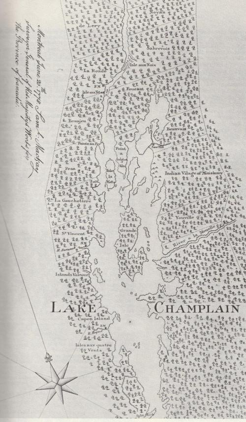 Portion of a "Map of Lake Champlain and River Sorel," created by Samuel Mackay, the Surveyor General of His Majesty's Wools for the Province of Canada,copied by C. Pettigrew in 1925 and corrected 1926.