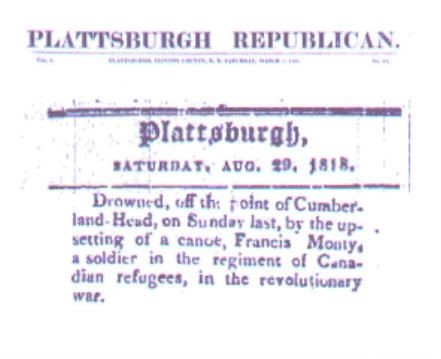 Plattsburgh Republican's notice of Francis Monty's death in 1818.