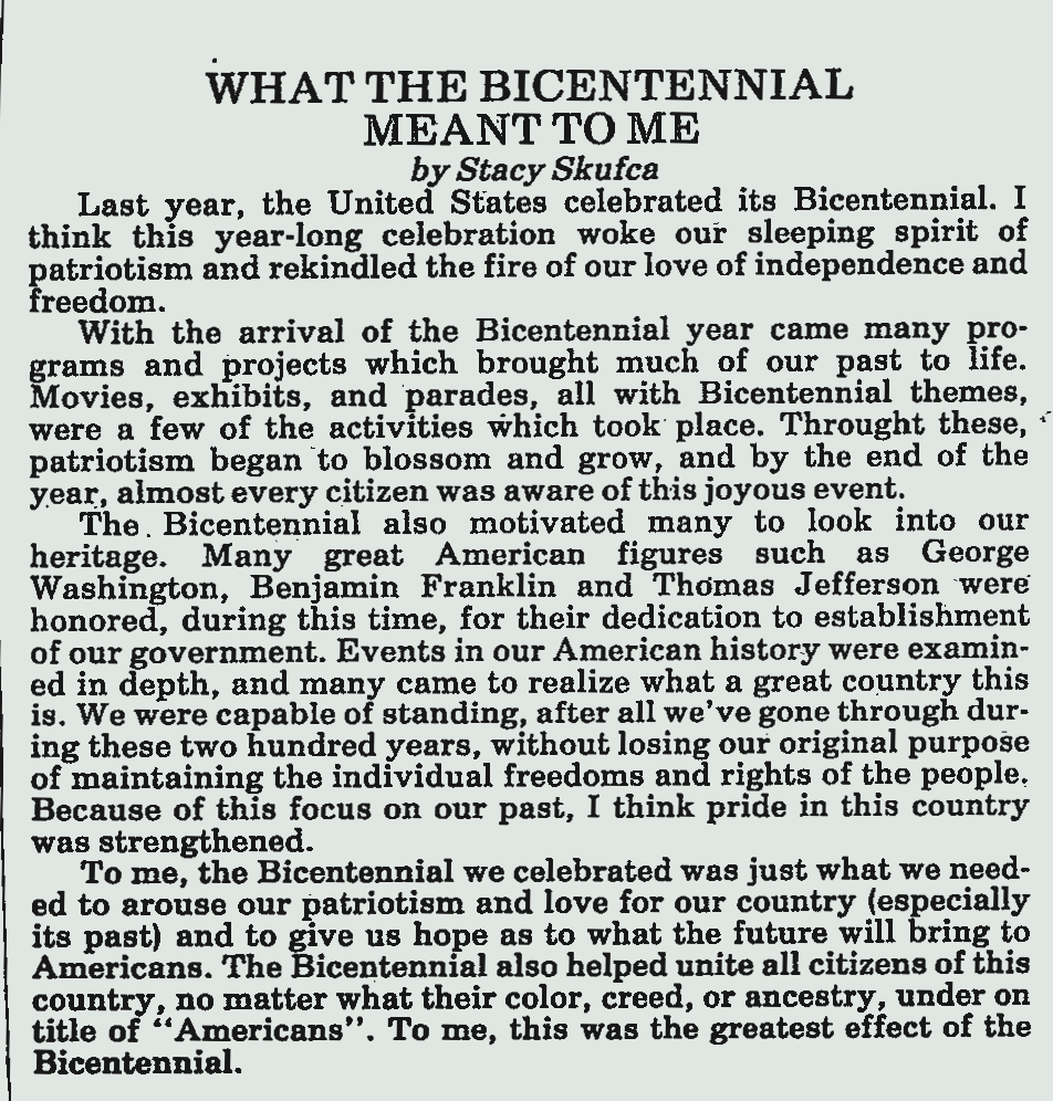 Stacy Skufca's article, "What the Bicentennial Meant to Me," published in Black Brook, AuSable Forks: Yesterday, Today, Tomorrow